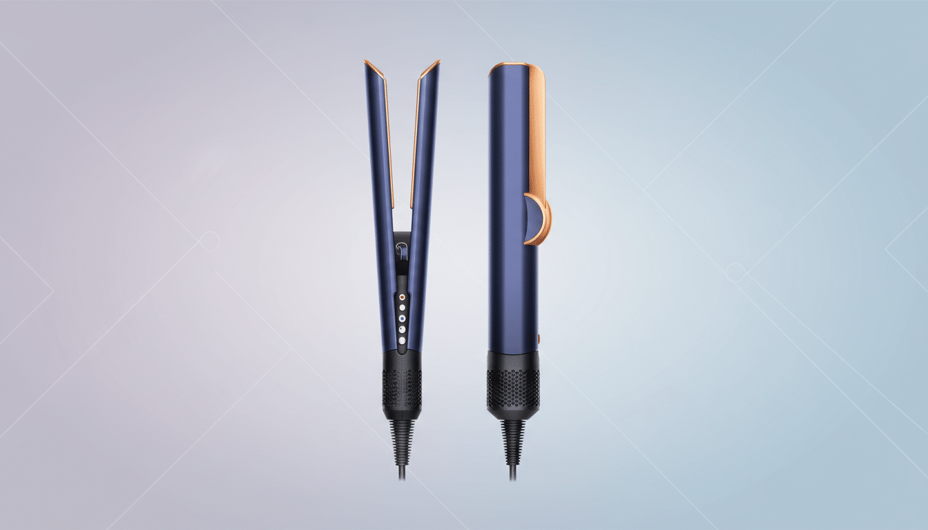 A professional image of a blue and rose gold hair straightener, shown both open and closed, against a soft gradient background with subtle geometric patterns.