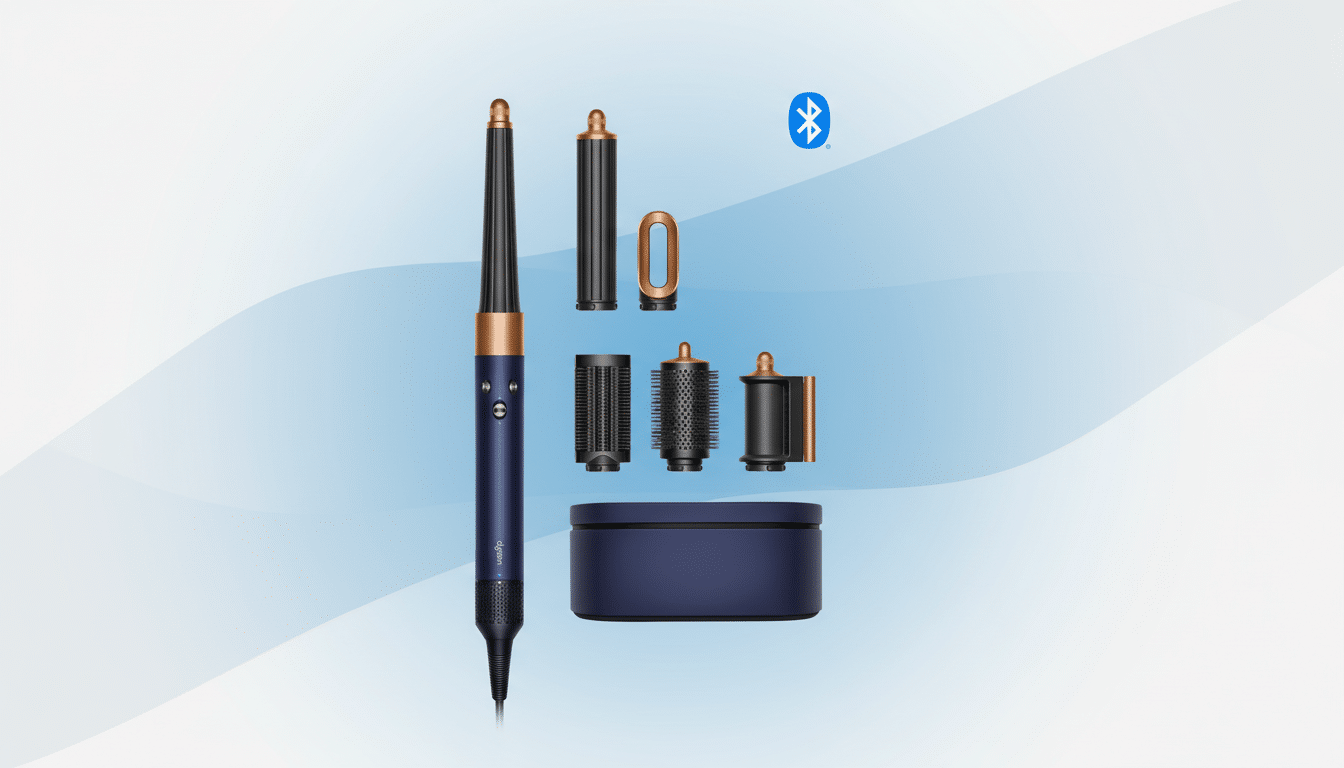 A Dyson Airwrap multi-styler in a 16:9 aspect ratio, featuring a dark blue and rose gold main unit with various attachments and a storage case, set against a professional flat design background with soft blue gradients and patterns.