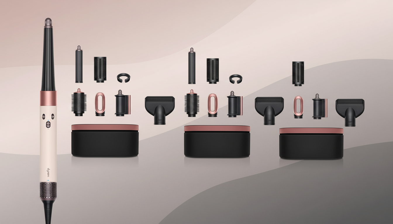 A Dyson Airwrap multi-styler in rose gold and black, with various attachments and a storage case, presented on a professional flat design background with soft patterns and gradients.
