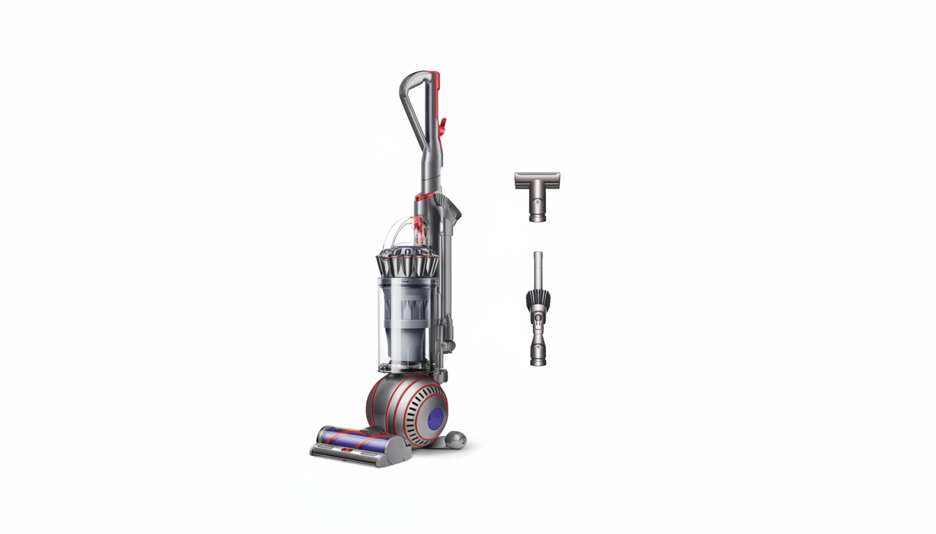 A Dyson Ball Animal 2 upright vacuum cleaner with two attachments, presented on a white background with a 16:9 aspect ratio.