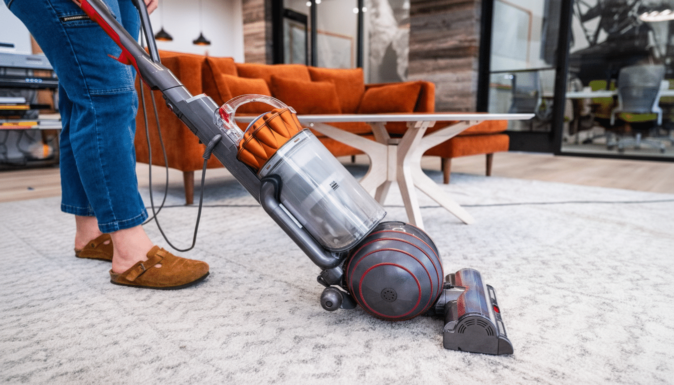 A person in blue jeans and brown slippers vacuuming a light-colored carpet with a Dyson vacuum cleaner. In the background, theres an orange sofa and a white coffee table.