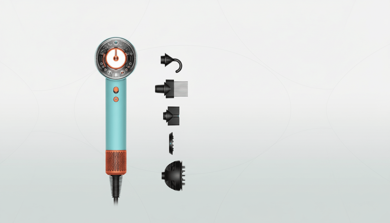 A professional image of a teal and orange hair dryer with five different attachments, presented on a light gray background with subtle, soft patterns.