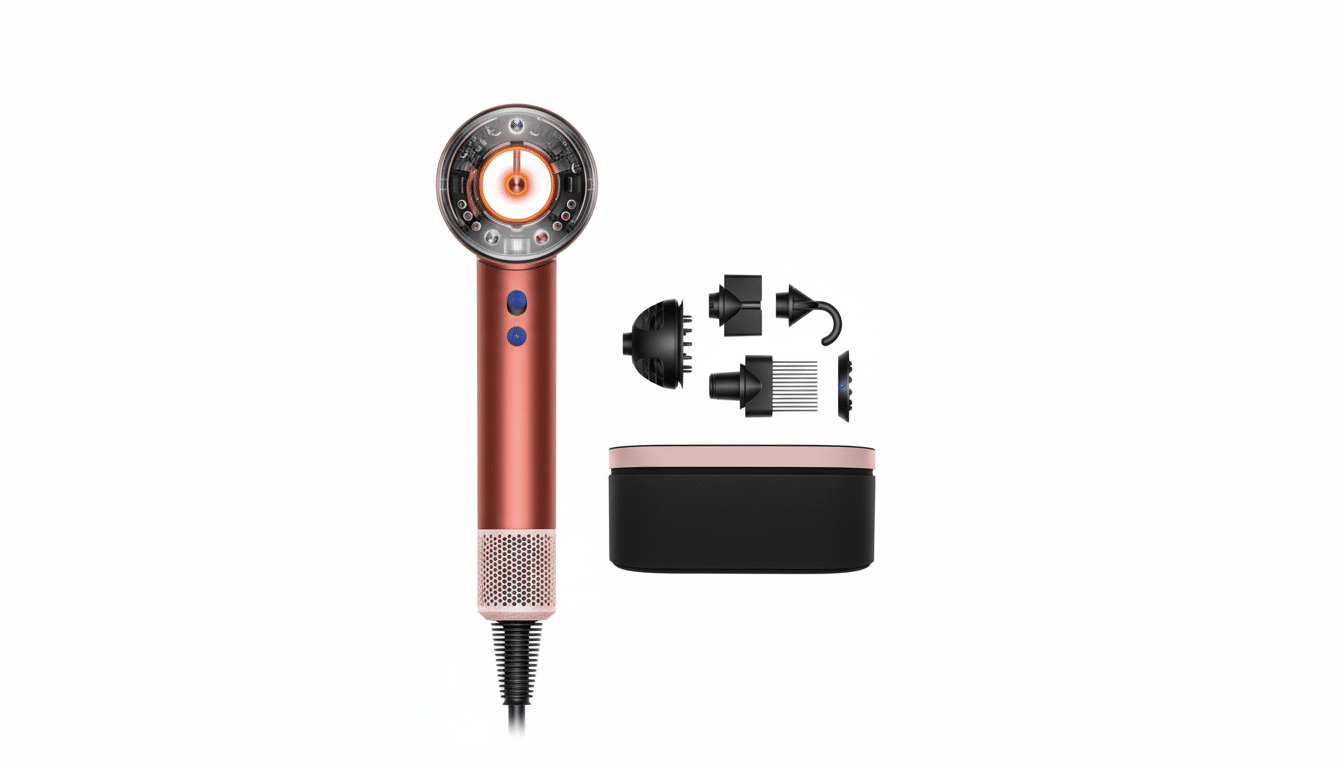 A rose gold hair dryer with various attachments and a storage case, presented on a clean white background.
