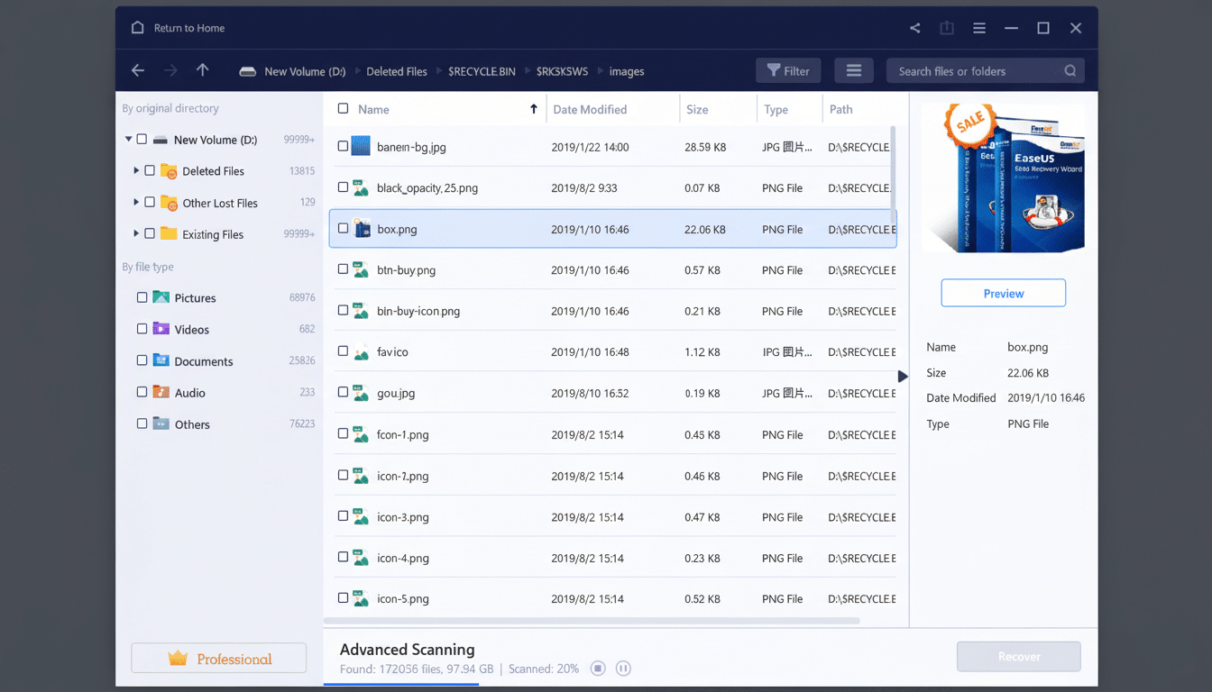A screenshot of a file recovery software interface, showing a list of files and a preview of a selected box.png image on the right side.