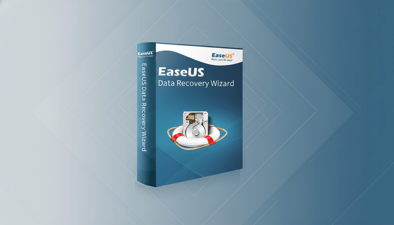 A 16:9 aspect ratio image of the EaseUS Data Recovery Wizard software box, featuring a hard drive and a life preserver, set against a professional flat design background with soft blue gradients.