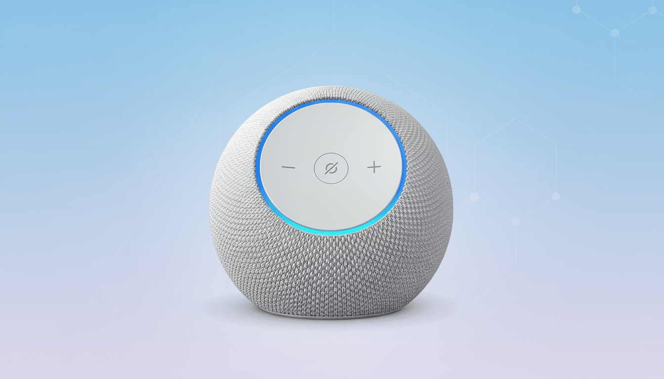 A white smart speaker with a glowing blue light ring and control buttons, set against a professional flat design background with soft blue and purple gradients and subtle geometric patterns.