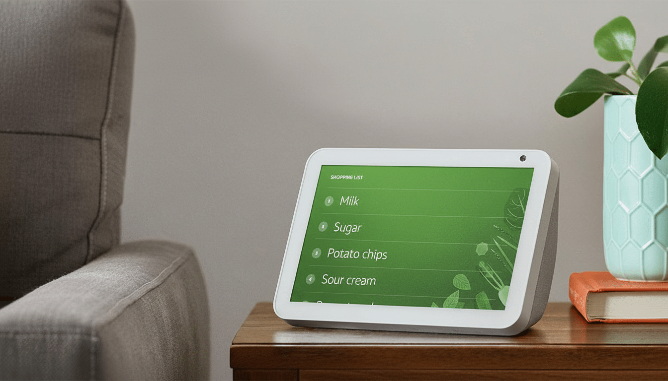 A white smart display showing a shopping list on a green screen, sitting on a wooden table next to a gray couch and a light blue vase with a plant.