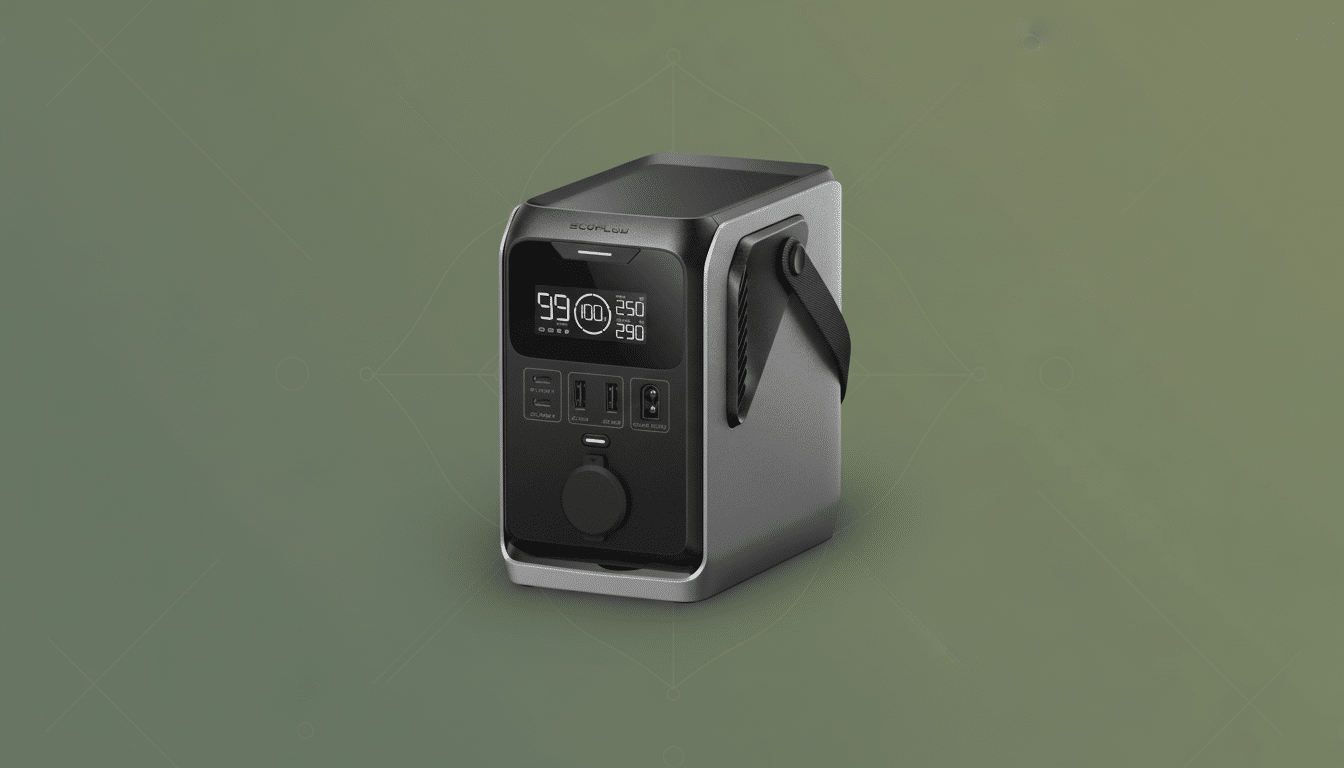 A professional, enhanced image of an EcoFlow portable power station, resized to a 16:9 aspect ratio. The device is dark gray and black with a digital display showing 99 (100) and 250 290. Various ports and buttons are visible on the front panel. The background is a soft, professional flat design with subtle patterns and gradients in shades of green, complementing the product without distraction.