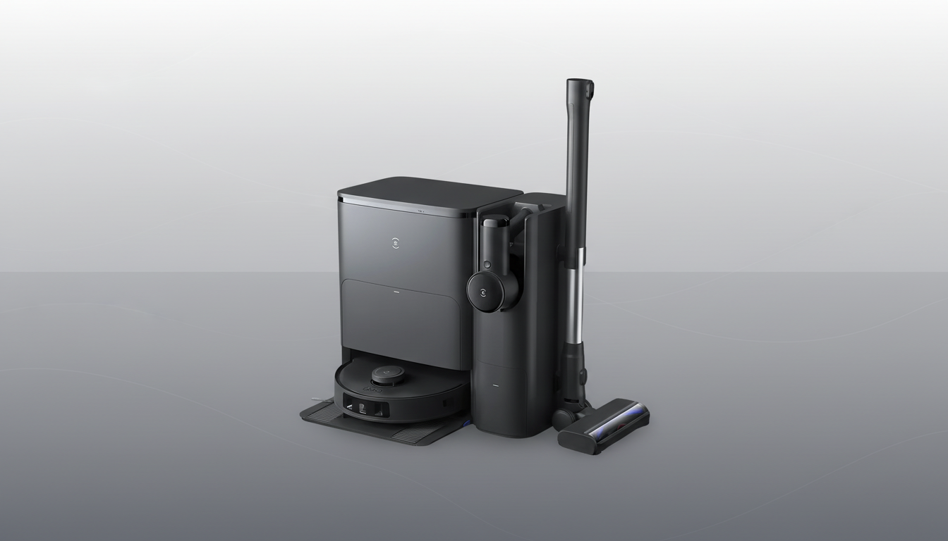 A professional 16:9 aspect ratio image of a dark gray robotic vacuum cleaner with an accompanying upright vacuum and charging station, set against a clean, light gray gradient background.