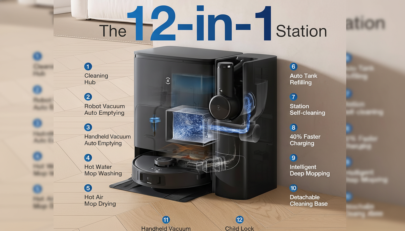 A black robot vacuum and its cleaning station with a diagram showing 12 features, including auto tank refilling, self-cleaning, and hot air mop drying.