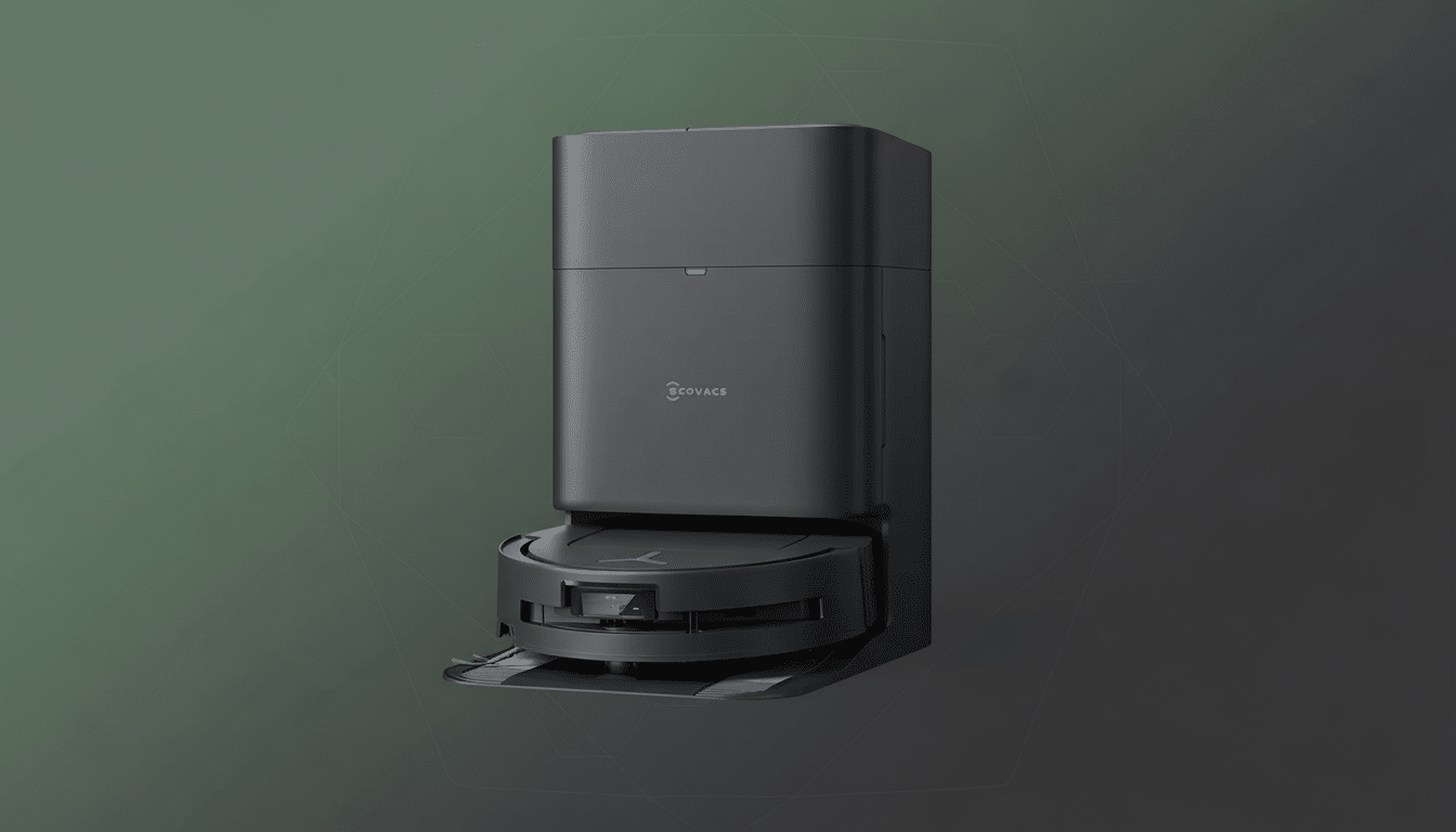A black Ecovacs robot vacuum and auto-empty station on a professional dark green gradient background with subtle geometric patterns.