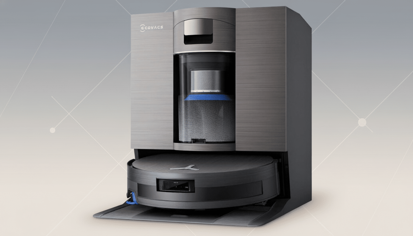 A professional image of a dark grey Ecovacs robot vacuum cleaner docked in its charging and self-emptying station, presented against a subtle gradient background with soft, geometric patterns.