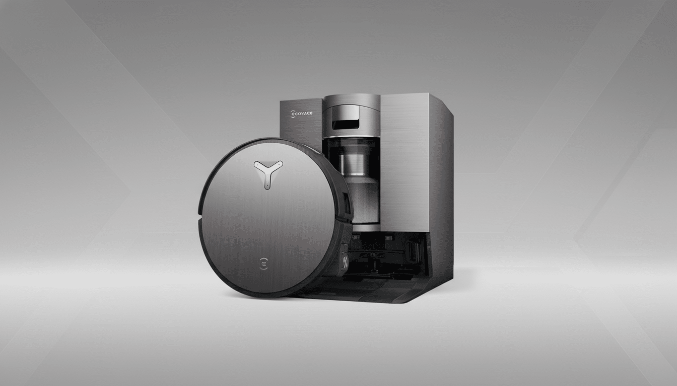 A sleek, dark gray robotic vacuum cleaner with a matching charging and dustbin station, presented on a professional gray gradient background.