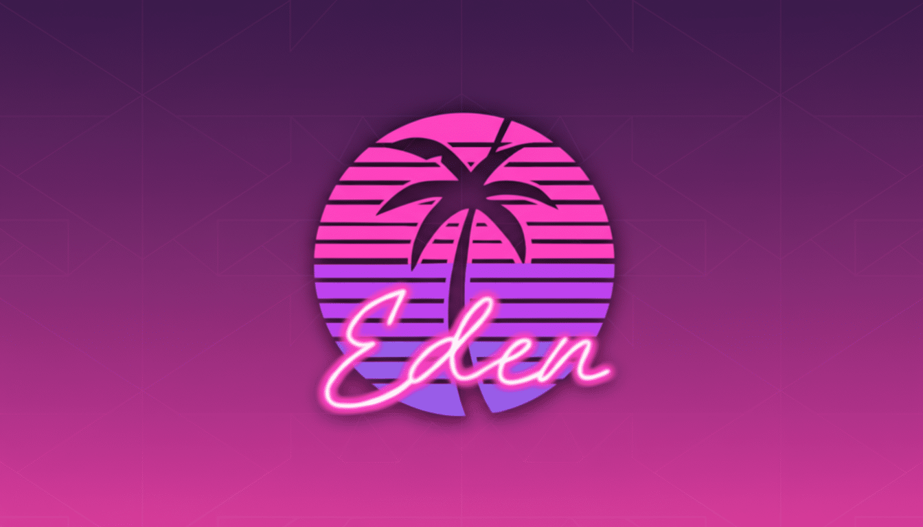 The Eden logo, featuring a black palm tree silhouette against a pink and purple striped circle, with Eden written in glowing pink script below, all set against a professional flat design background with soft patterns and gradients in shades of purple and pink.