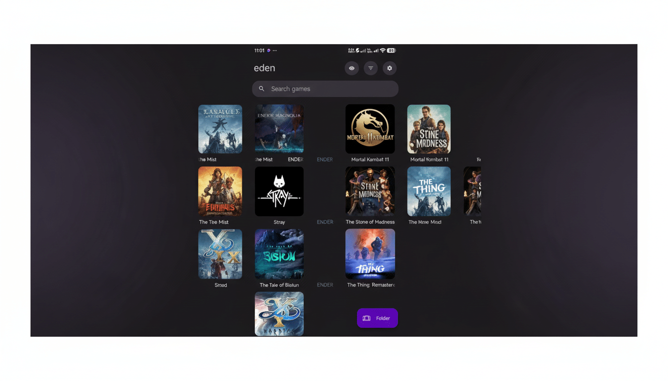 A mobile app screen displaying a grid of game covers, with a search bar at the top and a Folder button at the bottom right.
