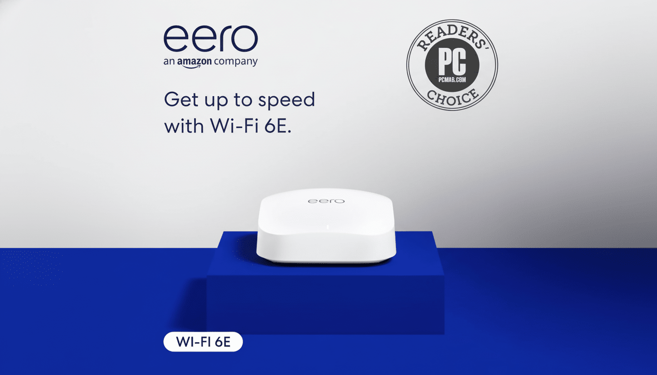 Eero Pro 6E mesh Wi‑Fi system on desk, $220 off deal