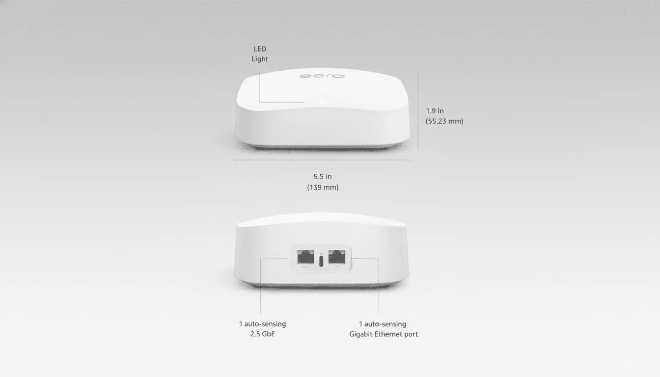 A white Eero Wi-Fi device with dimensions and port descriptions, presented on a professional flat gray background.
