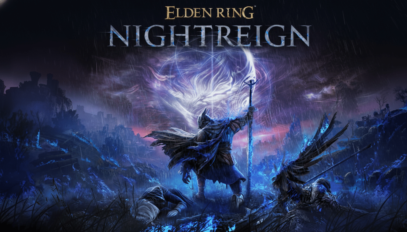 The Elden Ring Nightreign game title is displayed above a dark, fantasy landscape with a central armored figure holding a glowing staff, surrounded by mystical blue and purple energy.
