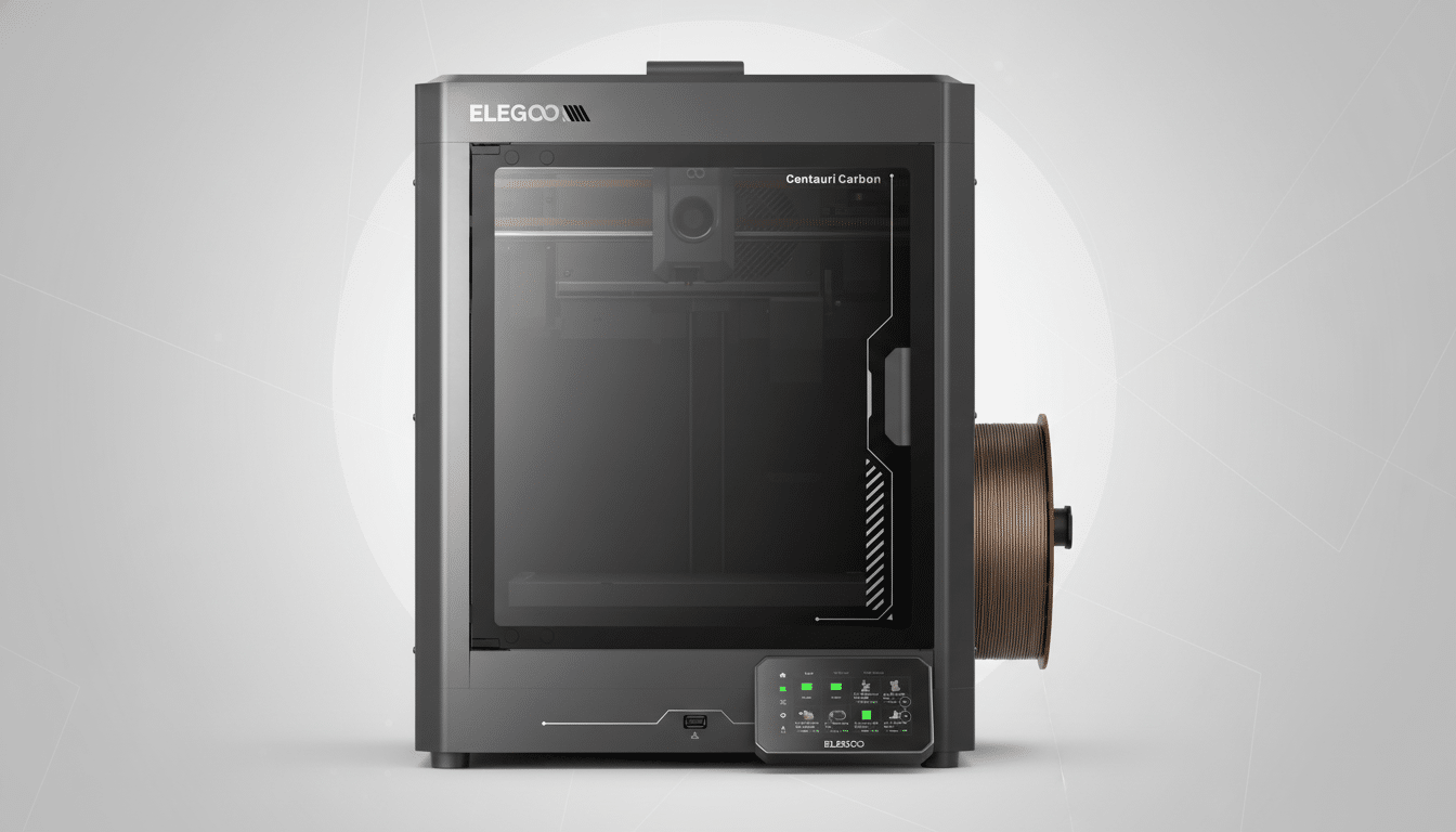 A professional, enhanced image of an Elegoo Centauri Carbon 3D printer with a brown filament spool, set against a subtle gray gradient background, resized to a 16:9 aspect ratio.