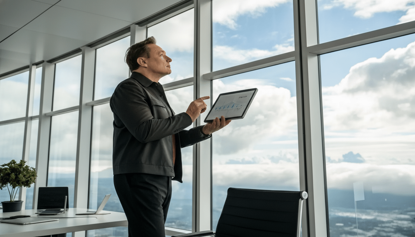 A man in a modern office with large windows, holding a tablet displaying charts and looking out at the sky.