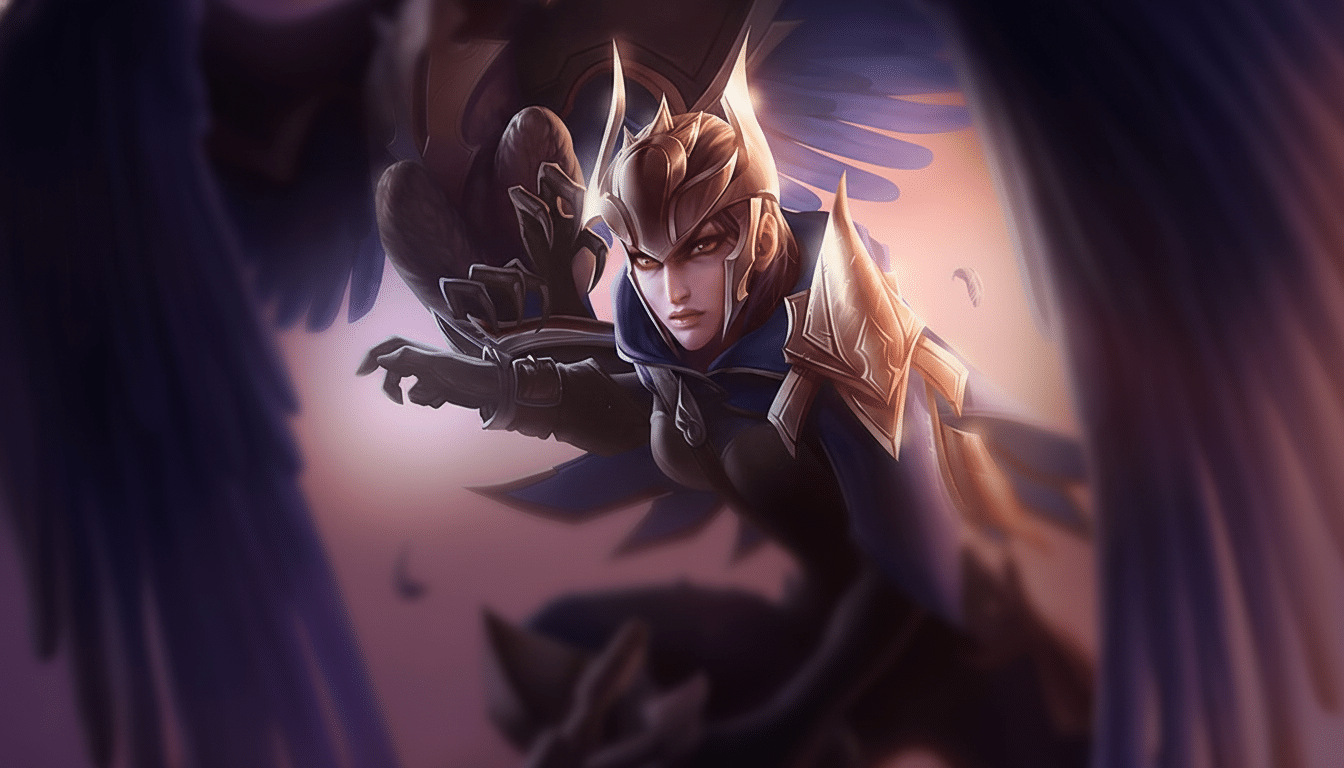 A female warrior with wings and golden armor, resized to a 16:9 aspect ratio.