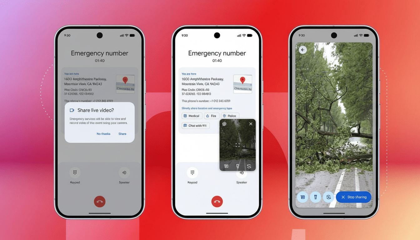 Three smartphones displaying emergency call interfaces, with the rightmost phone showing a live video feed of a fallen tree blocking a road.