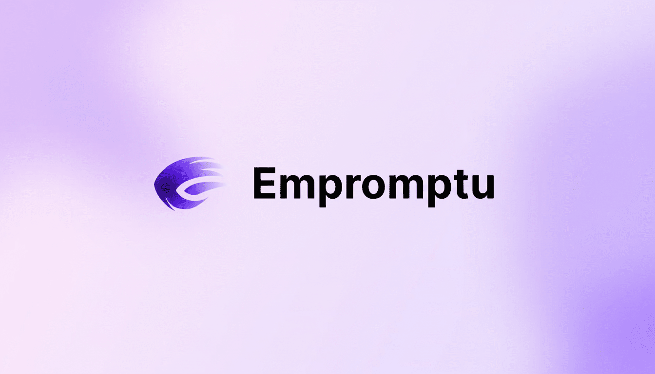 The Empromptu logo, featuring a stylized purple and blue icon resembling a swirling eye or a stylized e next to the word Empromptu in black sans-serif font, all set against a soft, gradient background of light purple and pink hues.