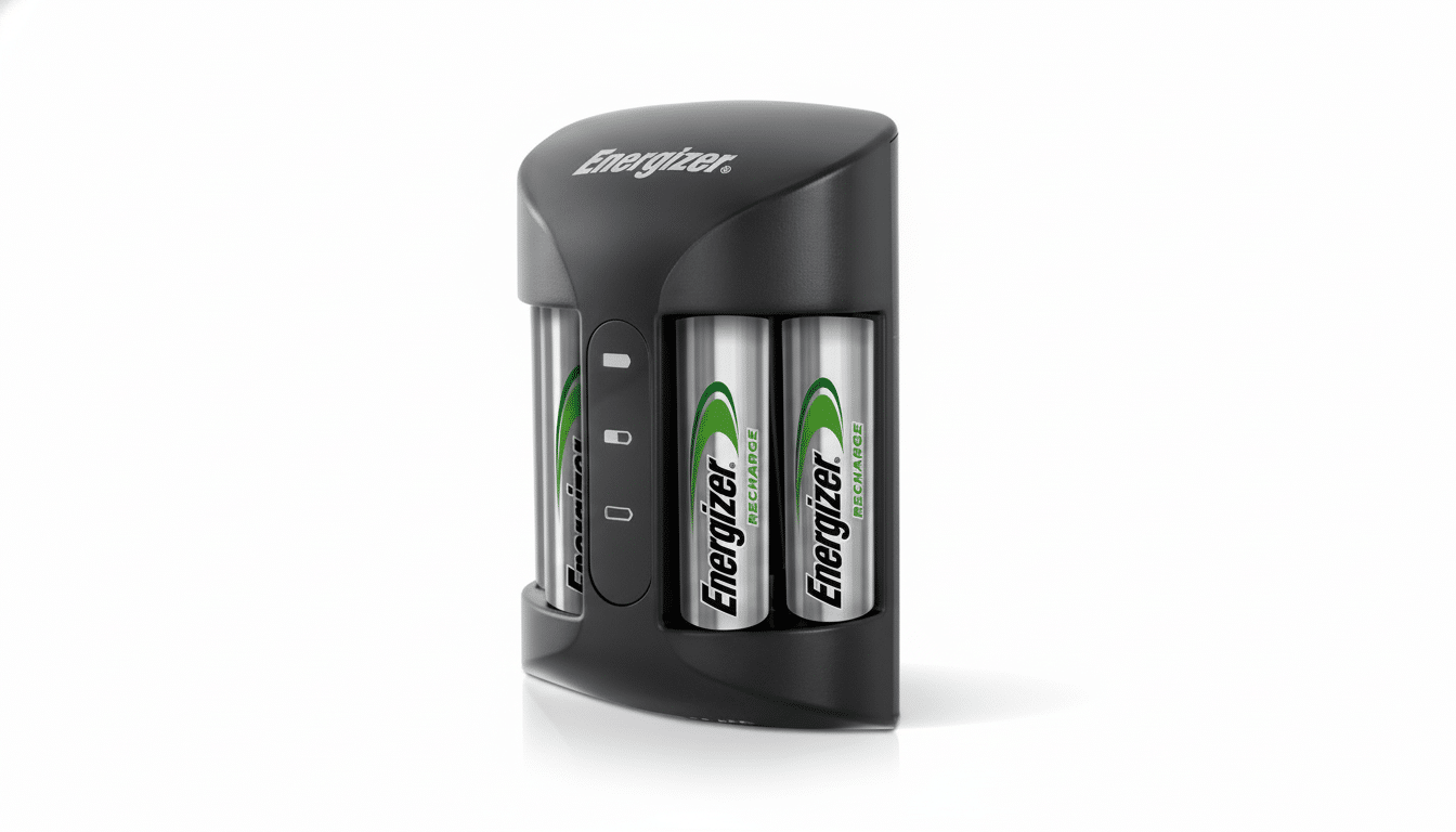 An Energizer battery charger with four Energizer Recharge batteries, presented on a clean white background.