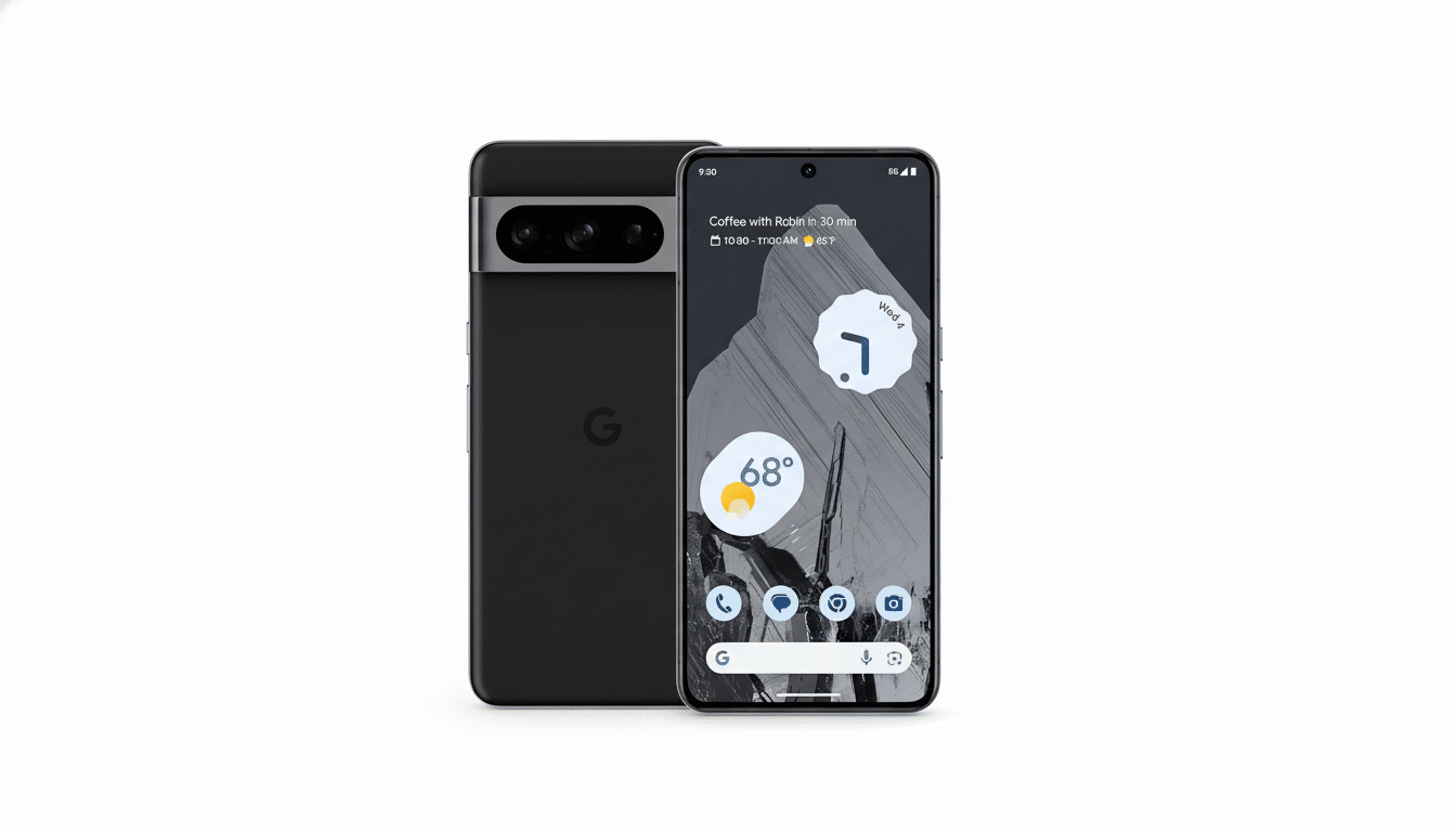 A black Google Pixel 7 Pro smartphone is displayed at a 16:9 aspect ratio. The phone is shown from the front, with its screen displaying the home screen, and from the back, revealing its camera bar and Google logo. The background is a clean, professional white.