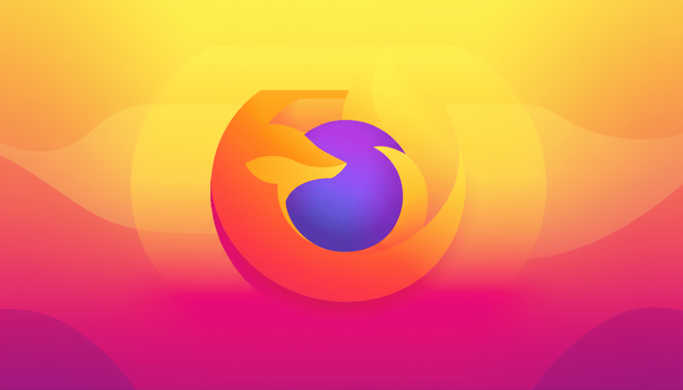 The Firefox logo, featuring an orange fox encircling a purple globe, set against a professional 16:9 aspect ratio background with soft, wavy gradients in shades of orange, yellow, and pink.
