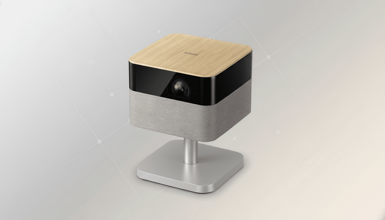 A professional image of an Epson projector with a wooden top and gray fabric base, mounted on a silver stand, set against a subtle gradient background with soft geometric patterns.