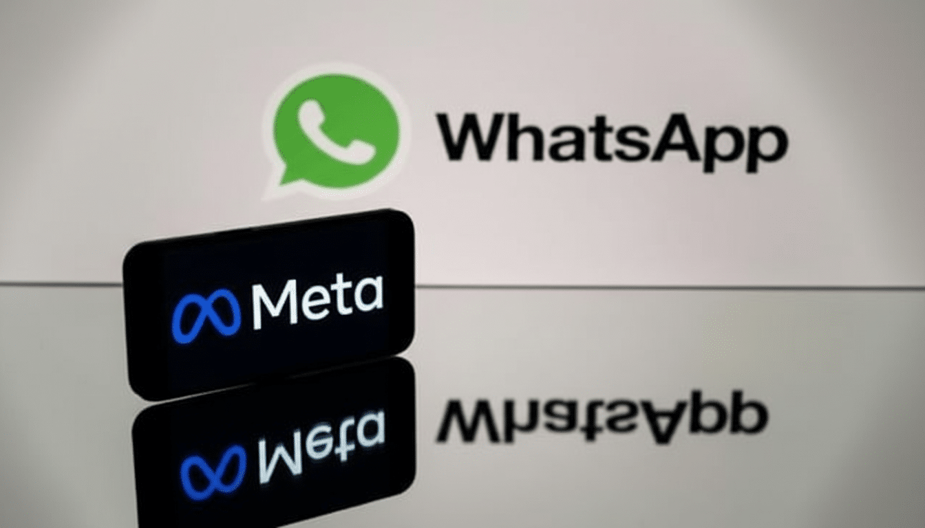 A smartphone displaying the Meta logo is positioned in front of a WhatsApp logo, with both reflecting on a surface.