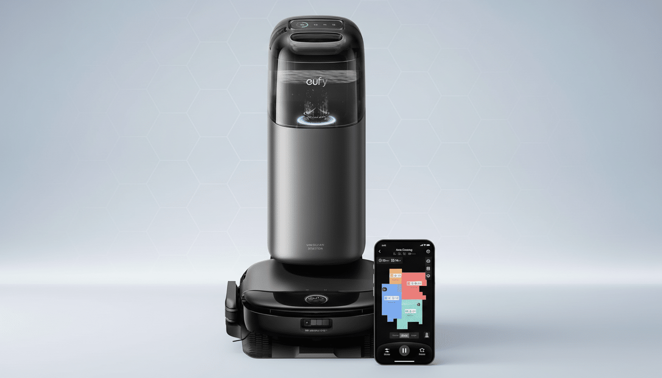 A Eufy Uniclean Station robot vacuum and its accompanying mobile app interface, showcasing a room map and cleaning progress, presented on a professional flat design background with soft patterns.