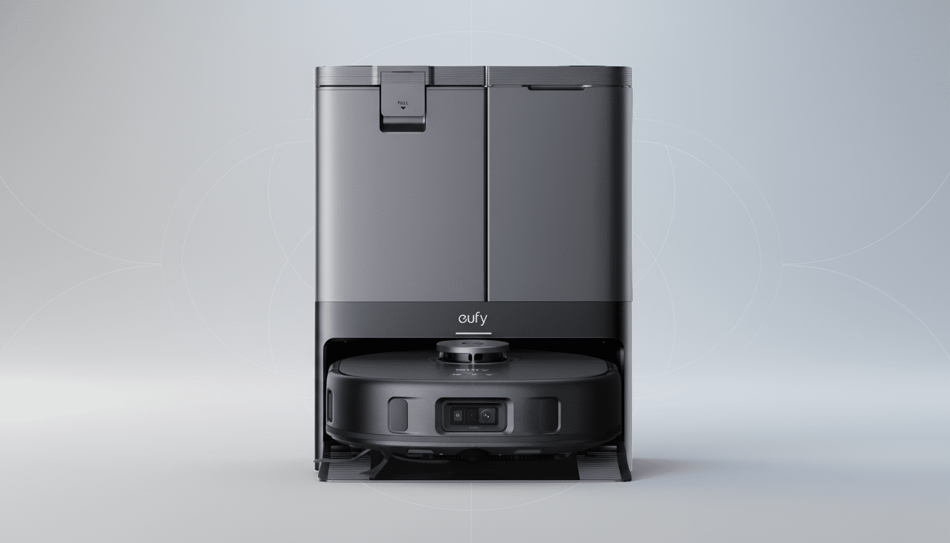 A black Eufy robot vacuum cleaner docked in its charging station, presented on a professional light gray background with subtle circular patterns.