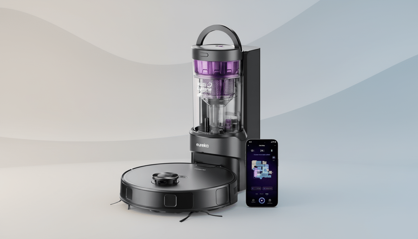 A Eureka robot vacuum and its accompanying dustbin and charging station, alongside a smartphone displaying the vacuums app interface, all set against a professional flat design background with soft patterns and gradients.