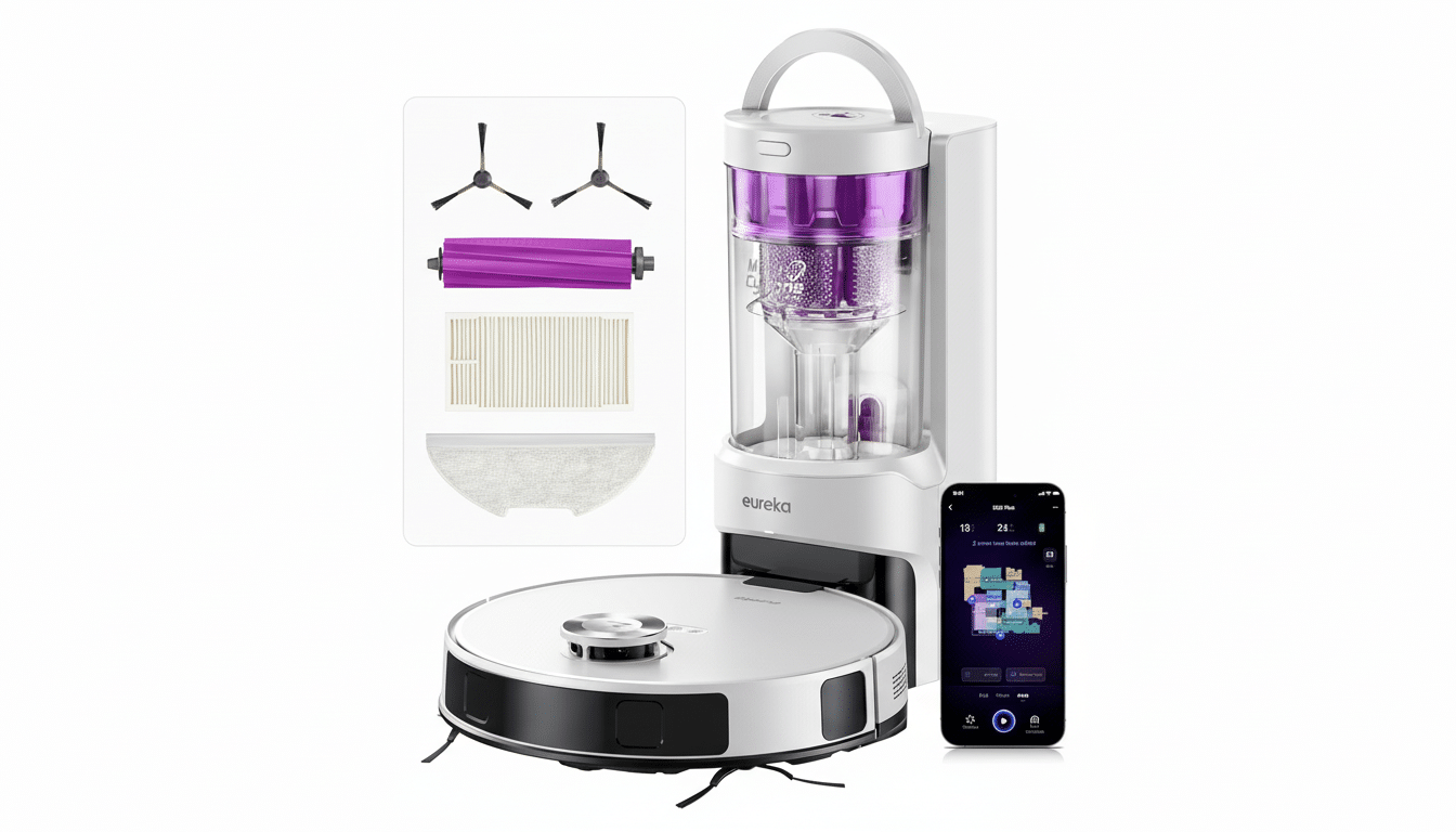 A Eureka robot vacuum cleaner and its self-emptying station, along with replacement parts and a smartphone displaying the control app, all presented on a clean white background.