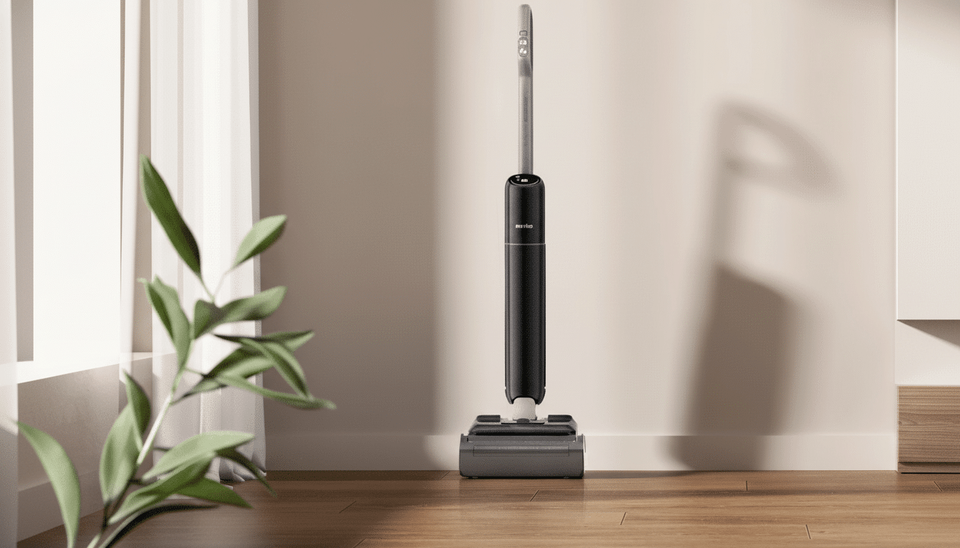A black and grey cordless vacuum cleaner stands upright on a wooden floor in a room with a window and a plant in the foreground.