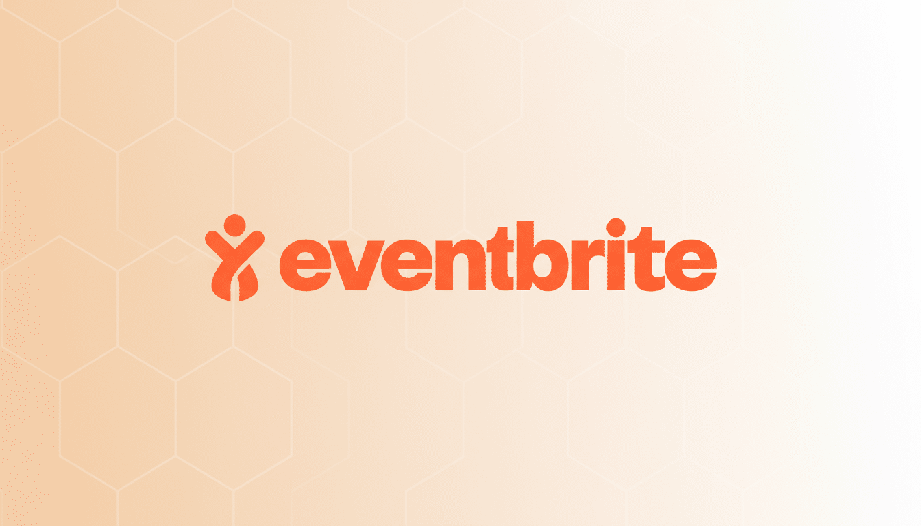 The Eventbrite logo, featuring the word eventbrite in orange lowercase letters next to an orange abstract icon resembling a person, set against a professional flat design background with a soft orange gradient and subtle hexagonal patterns.
