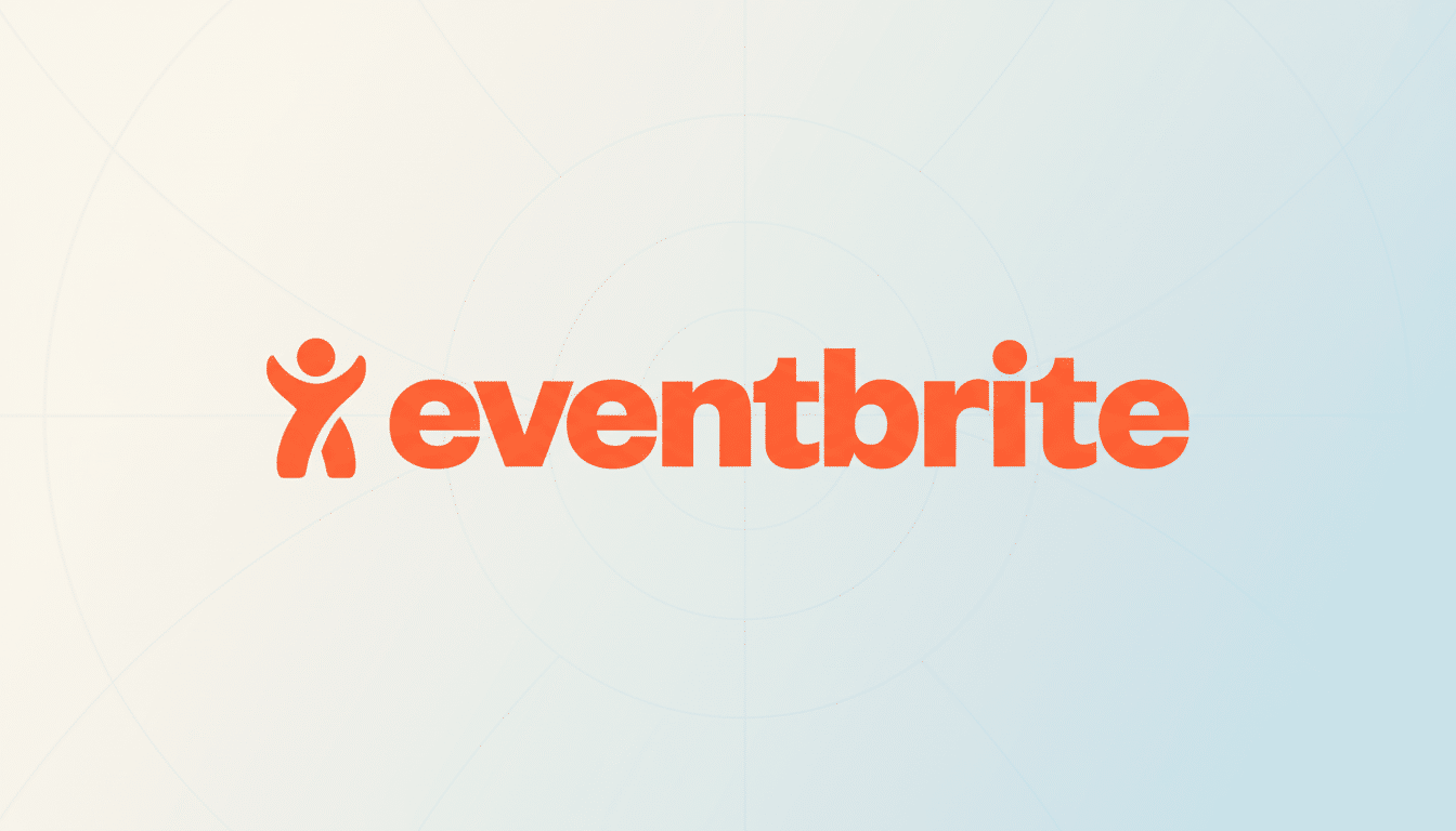 The Eventbrite logo, featuring the word eventbrite in orange lowercase letters next to an orange abstract figure resembling a person with raised arms, set against a professional flat design background with soft blue and white gradients and subtle geometric patterns.