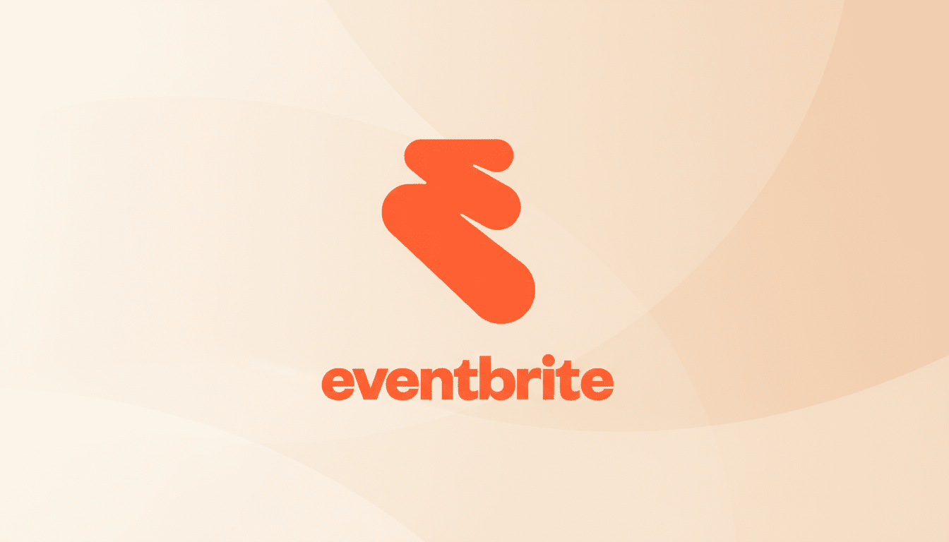 The Eventbrite logo, featuring an orange abstract E shape above the word eventbrite in orange lowercase letters, set against a professional flat design background with soft, light orange gradients and subtle wave patterns.