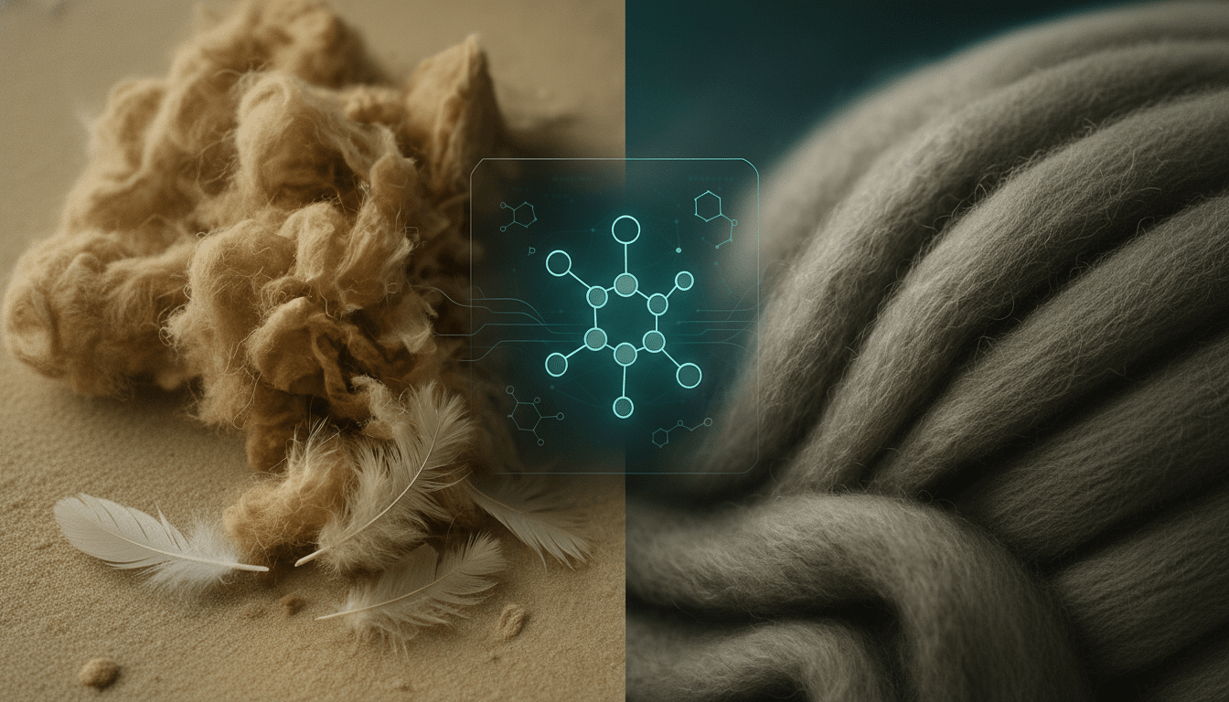 A split image showing fluffy down and feathers on the left, and a close-up of woven fabric on the right, with a glowing molecular structure overlay in the center.