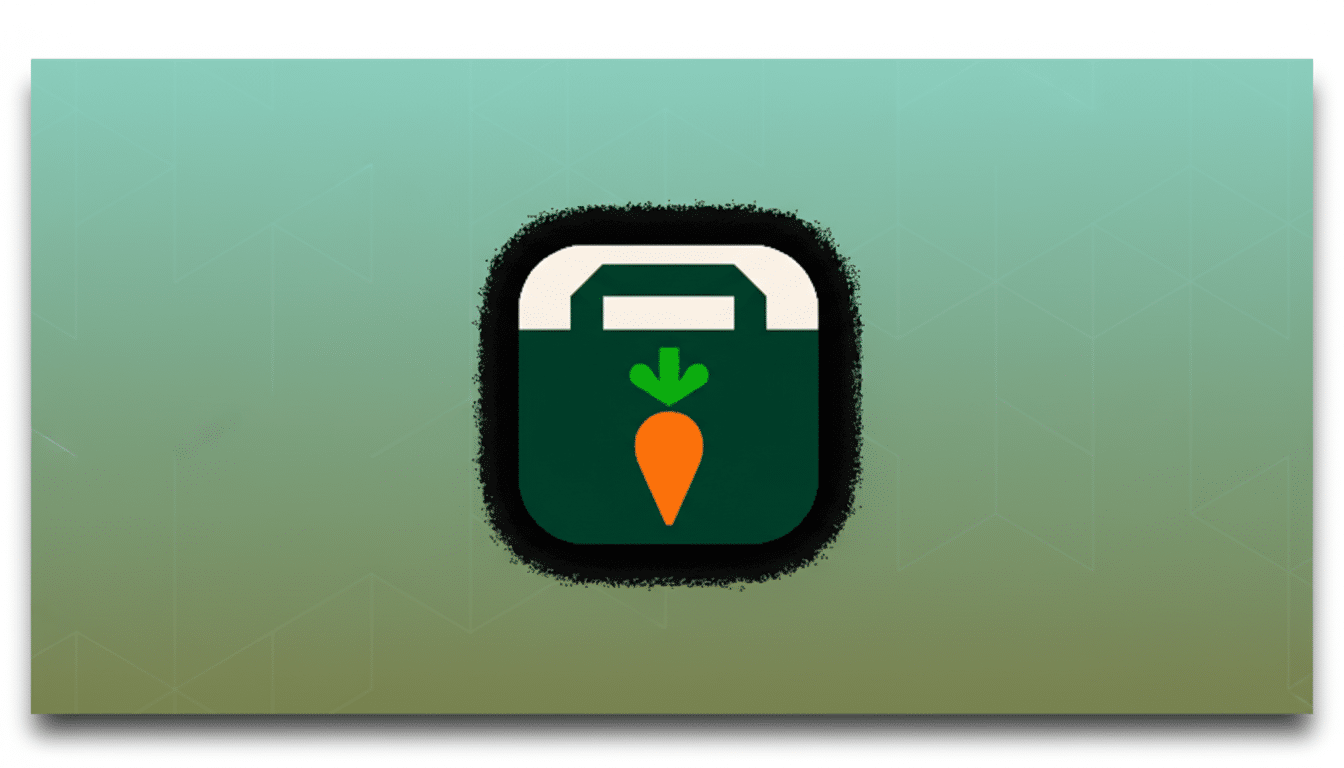 A 16:9 aspect ratio image featuring a dark green square icon with rounded corners. The icon has a white top border and a white handle shape, resembling a shopping bag. Inside the bag, an orange carrot with a green stem points downwards. The background is a professional flat design with soft green and blue gradients and subtle geometric patterns.