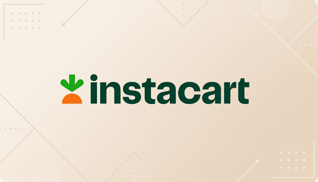 The Instacart logo, featuring a green downward-pointing arrow above an orange carrot shape, followed by the word instacart in dark green text, all set against a light beige background with subtle geometric patterns.