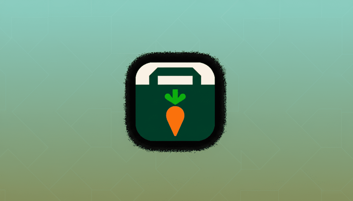 A 16:9 aspect ratio image featuring a dark green square icon with rounded corners. The icon has a white top border and a white handle shape, resembling a shopping bag. Inside the bag, a stylized orange carrot with a green leaf top points downwards. The background is a professional flat design with a soft gradient from light green to light blue, overlaid with subtle geometric patterns.
