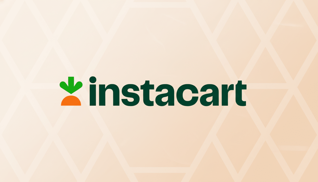 The Instacart logo, featuring a green downward arrow above an orange carrot shape, followed by the word instacart in dark green, all set against a light peach background with a subtle geometric pattern.