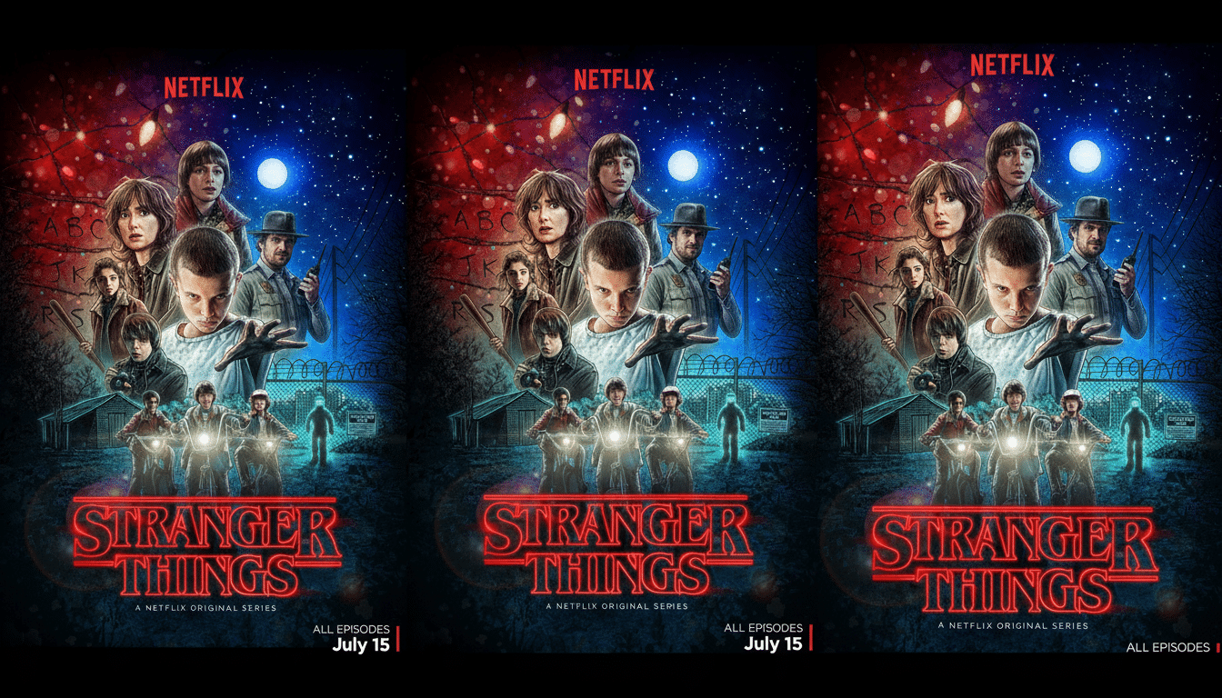 A 16:9 aspect ratio image of the Stranger Things poster, featuring the main characters against a dark, mysterious background with glowing lights and a full moon.
