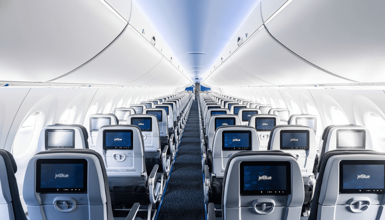 The interior of a JetBlue airplane cabin, showing rows of empty seats with individual entertainment screens displaying the JetBlue logo. The cabin is brightly lit with a blue hue towards the ceiling.