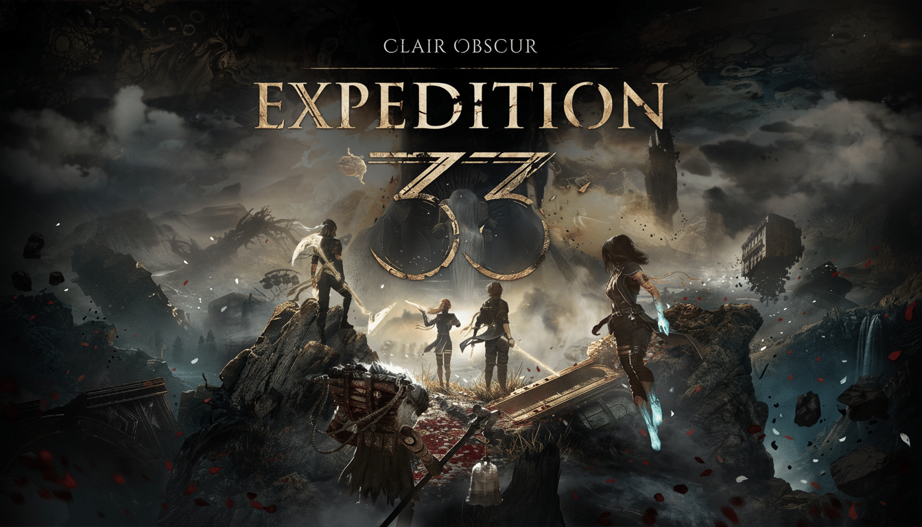 The Clair Obscur: Expedition 33 video game title card features a group of adventurers standing on a rocky, ruined landscape under a dark, cloudy sky.