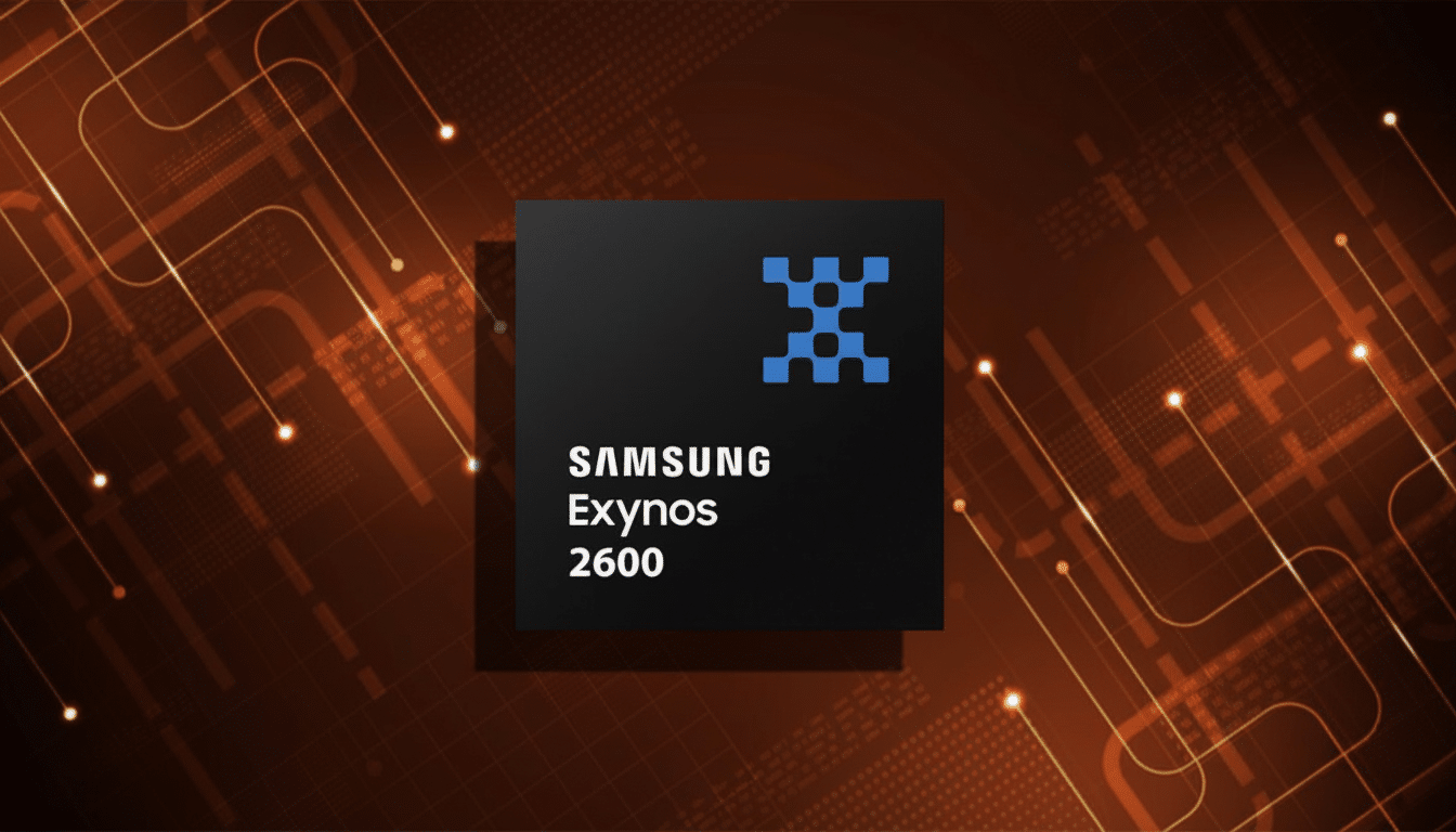 A black square with a blue X logo and SAMSUNG Exynos 2600 text, set against a dark orange background with glowing circuit board patterns.