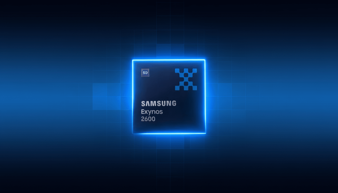 A Samsung Exynos 2600 chip with 5G capability, glowing with a blue neon outline, set against a professional blue background with a subtle grid pattern.